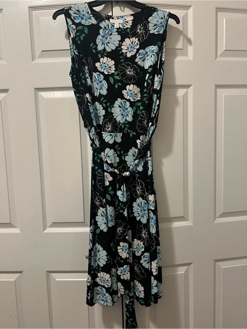 Charter Club Black Sleeveless Floral Midi Dress with Blue and White Blooms